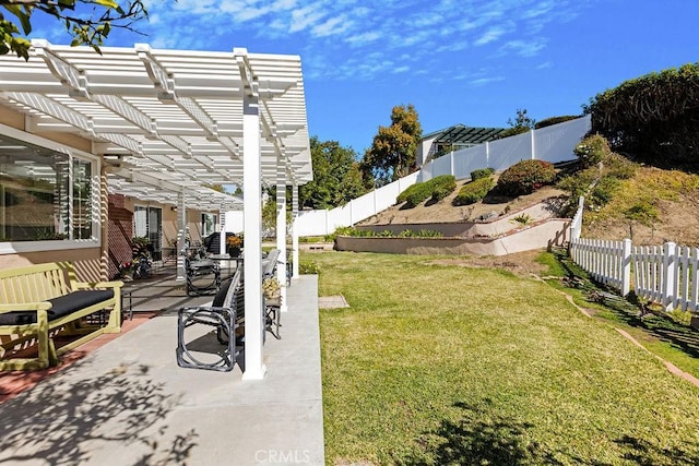 view of yard featuring a patio, a fenced backyard, and a pergola