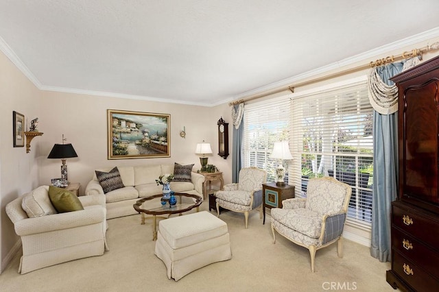 living room with crown molding and light carpet