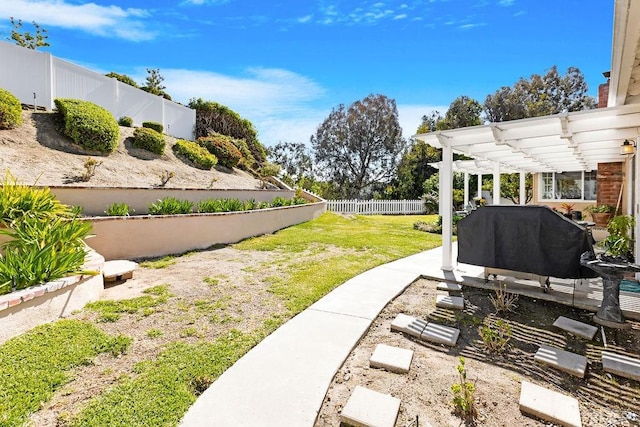 view of yard featuring a fenced backyard and a pergola