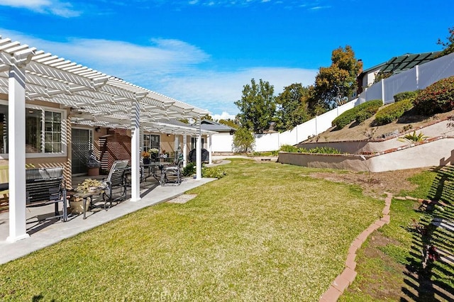 view of yard featuring a patio, a pergola, and a fenced backyard