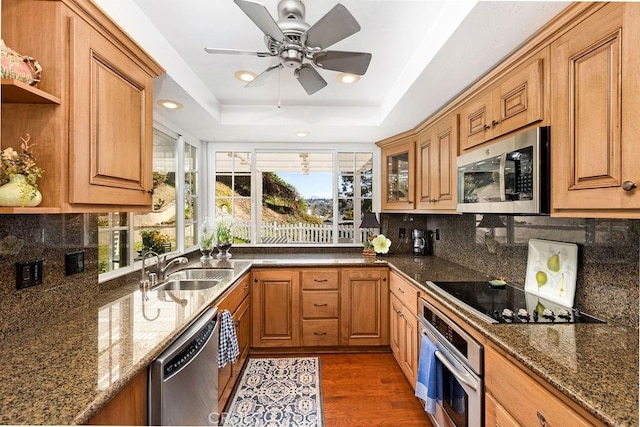 kitchen featuring a sink, a raised ceiling, appliances with stainless steel finishes, and dark stone countertops