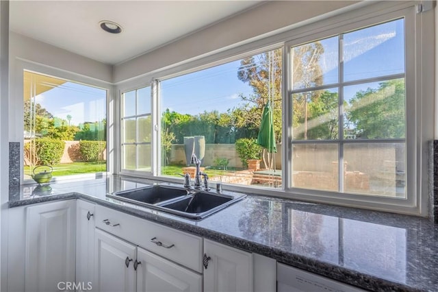 kitchen featuring white cabinetry, dark stone counters, dishwasher, and a sink