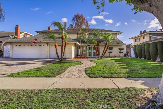 view of front facade with stucco siding, a front lawn, a garage, and driveway