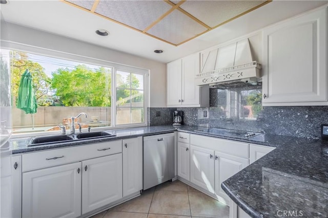 kitchen with a sink, backsplash, stainless steel dishwasher, black electric stovetop, and custom exhaust hood