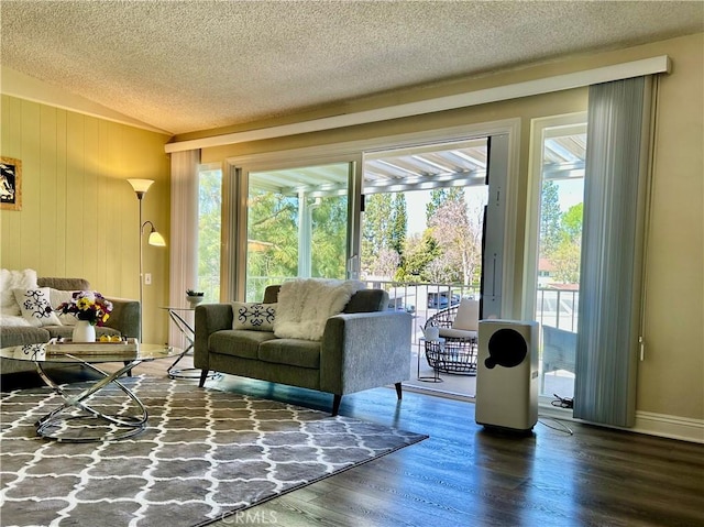 living area featuring vaulted ceiling, a textured ceiling, and wood finished floors