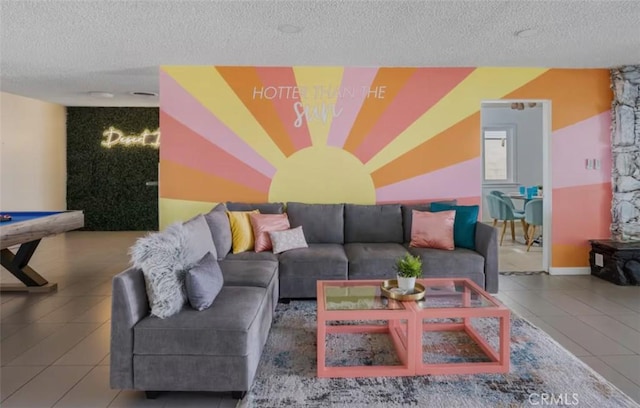 living room featuring a textured ceiling and tile patterned flooring