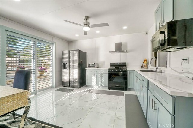 18429 Germain St, Porter Ranch, CA 91326 - kitchen featuring black appliances, a sink, wall chimney exhaust hood, light marble finish floors, and a ceiling fan