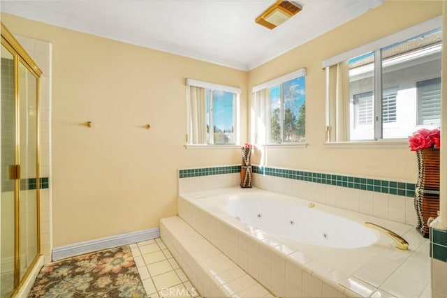 18429 Germain St, Porter Ranch, CA 91326 - full bath with a jetted tub, a shower stall, baseboards, ornamental molding, and tile patterned flooring
