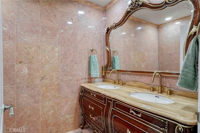 18429 Germain St, Porter Ranch, CA 91326 - full bathroom featuring tile walls and double vanity