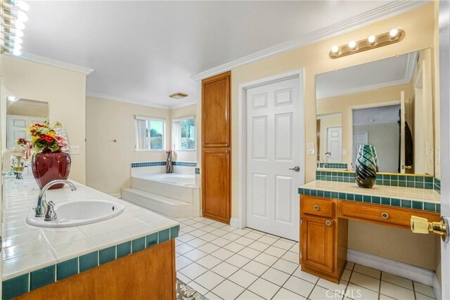 18429 Germain St, Porter Ranch, CA 91326 - full bathroom with double vanity, a garden tub, crown molding, and tile patterned floors