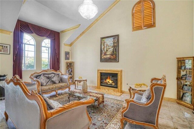 18429 Germain St, Porter Ranch, CA 91326 - living area featuring ornamental molding, a glass covered fireplace, a chandelier, baseboards, and high vaulted ceiling