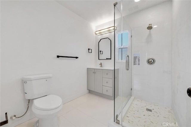 full bath featuring tile patterned flooring, a shower stall, baseboards, toilet, and vanity