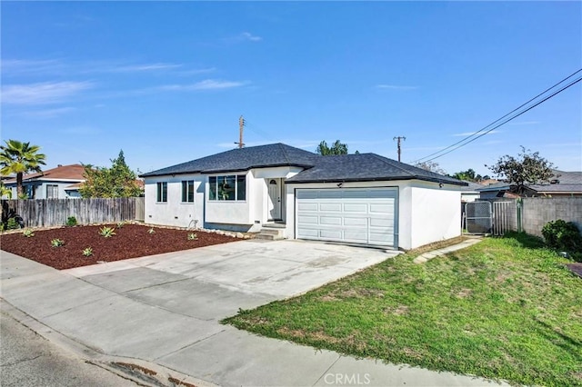 ranch-style house with stucco siding, a front lawn, driveway, fence, and an attached garage