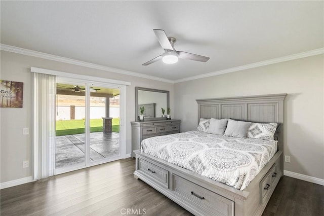 bedroom with crown molding, access to outside, dark wood-style floors, and baseboards