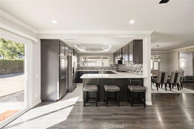 kitchen with tasteful backsplash, a healthy amount of sunlight, stainless steel fridge with ice dispenser, a peninsula, and wood finished floors