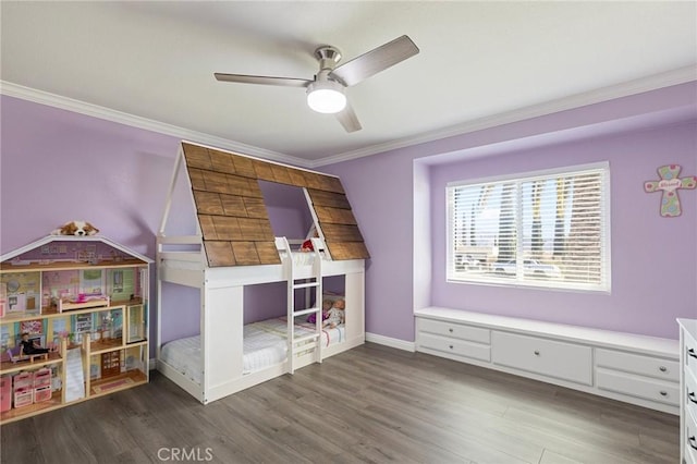 unfurnished bedroom with wood finished floors, a ceiling fan, baseboards, and ornamental molding