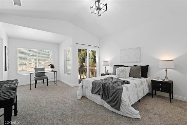 carpeted bedroom with vaulted ceiling, visible vents, baseboards, and access to outside