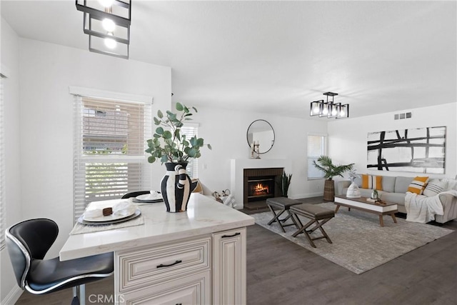 interior space featuring a wealth of natural light, visible vents, a lit fireplace, and dark wood-style flooring