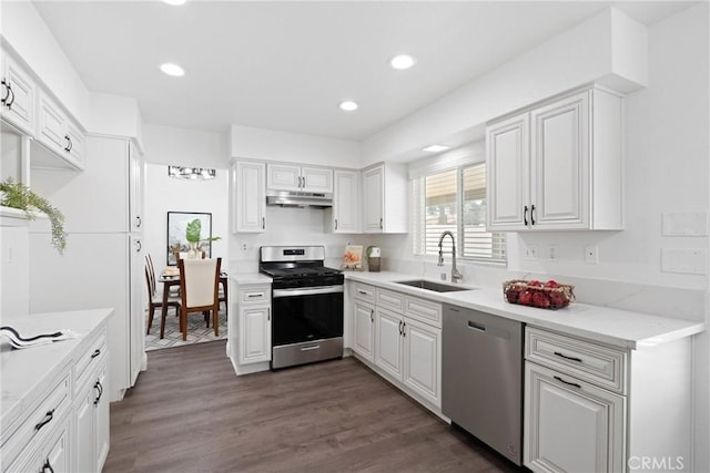 kitchen featuring under cabinet range hood, dark wood finished floors, recessed lighting, stainless steel appliances, and a sink