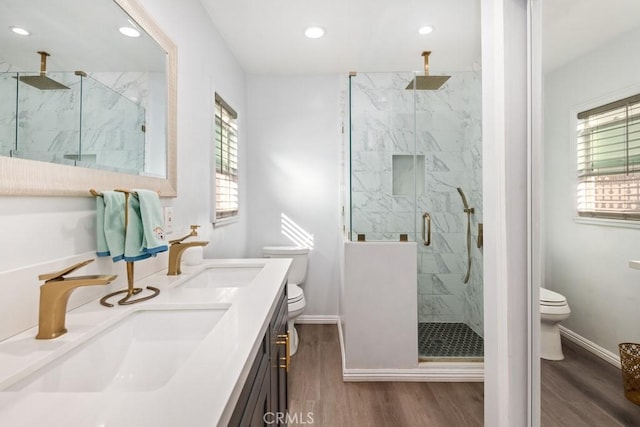 full bathroom featuring a marble finish shower, toilet, a wealth of natural light, and a sink