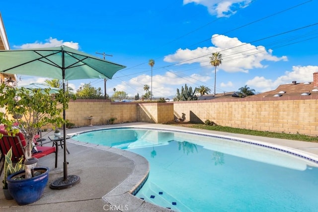 view of pool featuring a fenced in pool, a fenced backyard, and a patio area