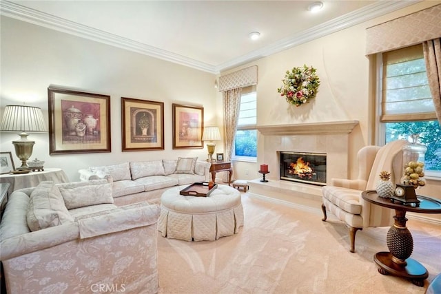 carpeted living room with a fireplace and ornamental molding