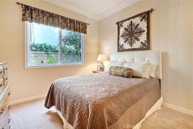 bedroom with baseboards, carpet, and ornamental molding