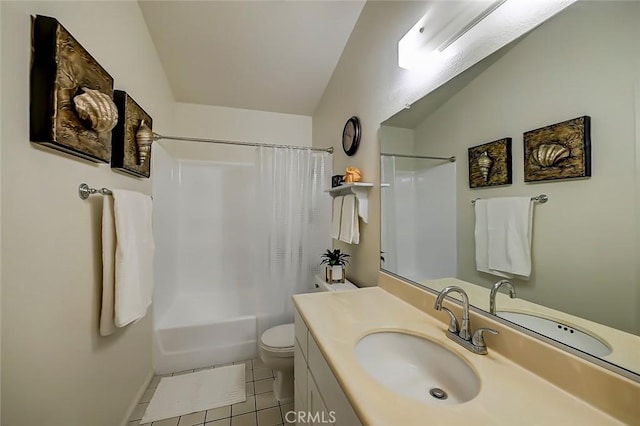 bathroom with toilet, vaulted ceiling, tile patterned floors, vanity, and shower / bathtub combination with curtain