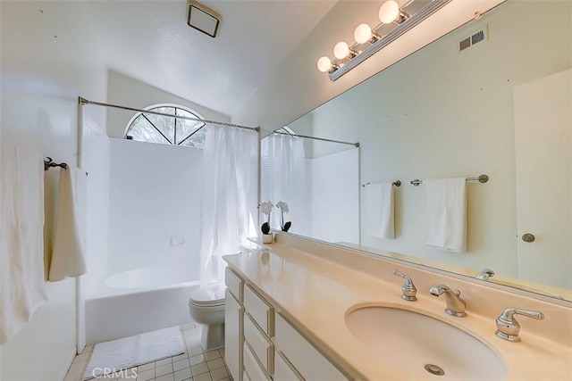 bathroom with tile patterned floors, visible vents, shower / bath combo with shower curtain, toilet, and vanity