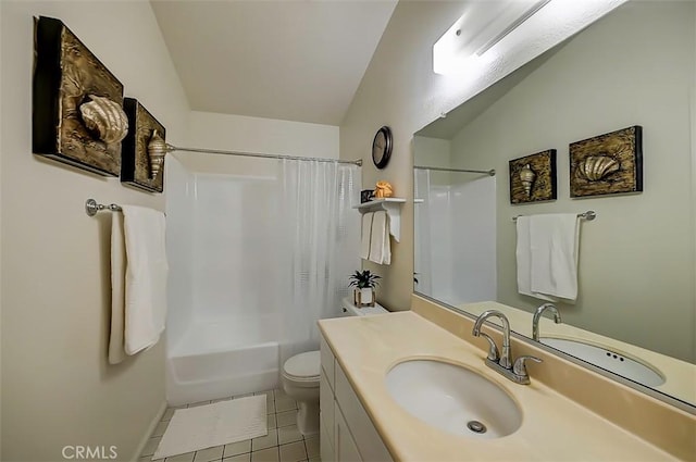 bathroom featuring vanity, shower / bath combo, vaulted ceiling, tile patterned floors, and toilet