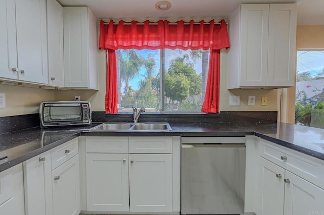 22633 Inspiration Pt, Canyon Lake, CA 92587 - kitchen featuring a sink, plenty of natural light, dishwasher, and white cabinetry