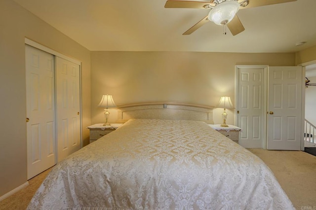 22633 Inspiration Pt, Canyon Lake, CA 92587 - bedroom with a ceiling fan, a closet, and light carpet