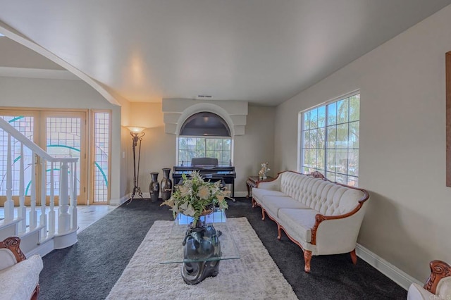 22633 Inspiration Pt, Canyon Lake, CA 92587 - living area with visible vents, baseboards, and dark carpet