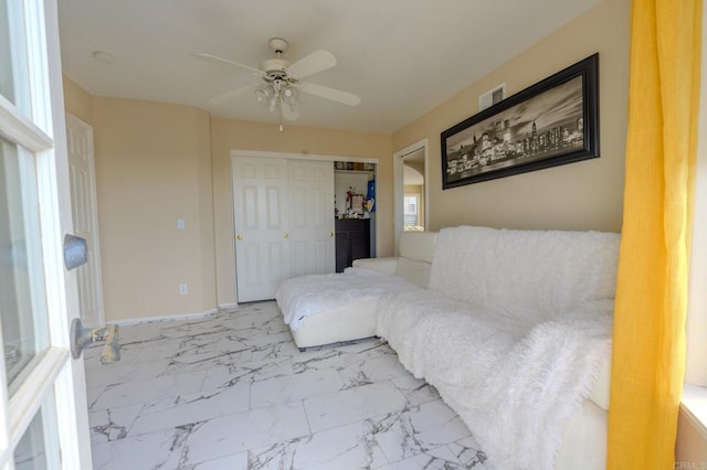 22633 Inspiration Pt, Canyon Lake, CA 92587 - interior space with visible vents, marble finish floor, a ceiling fan, arched walkways, and baseboards
