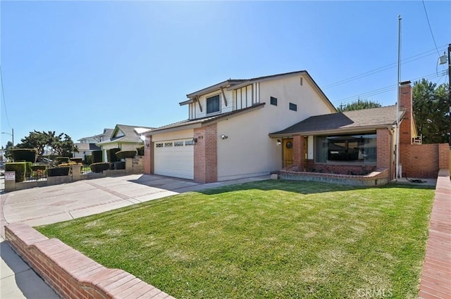 traditional-style house featuring stucco siding, a front lawn, fence, concrete driveway, and brick siding