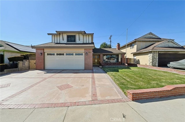 traditional-style home with brick siding, driveway, a front yard, and fence