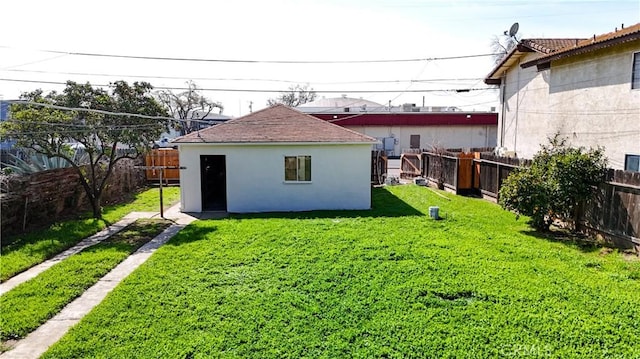 view of yard with an outbuilding and a fenced backyard