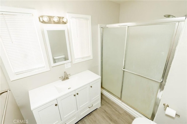 full bathroom with vanity, wood finished floors, and a shower stall