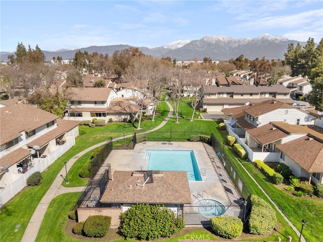 aerial view featuring a residential view and a mountain view