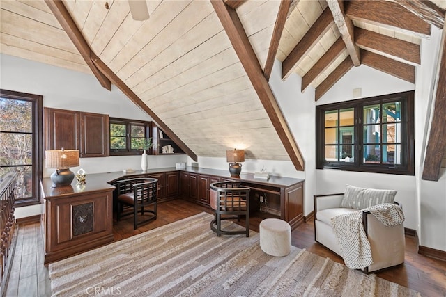 office area with wood finished floors, wood ceiling, and baseboards