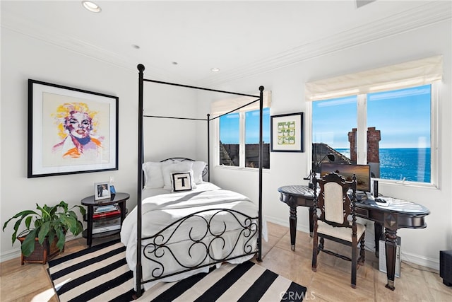bedroom featuring ornamental molding, baseboards, and recessed lighting