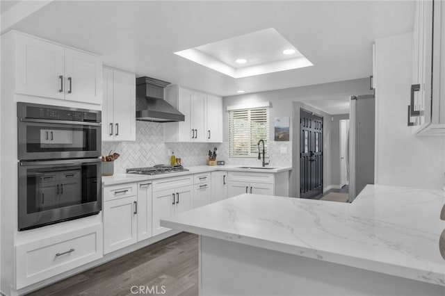 kitchen with light stone countertops, a peninsula, stainless steel appliances, wall chimney exhaust hood, and a sink