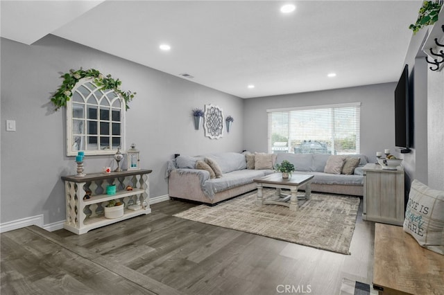 living room with recessed lighting, baseboards, and wood finished floors