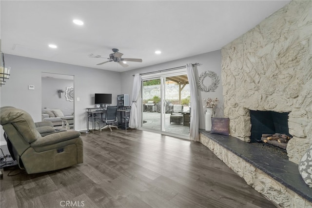 office with a fireplace, recessed lighting, dark wood-style floors, and a ceiling fan