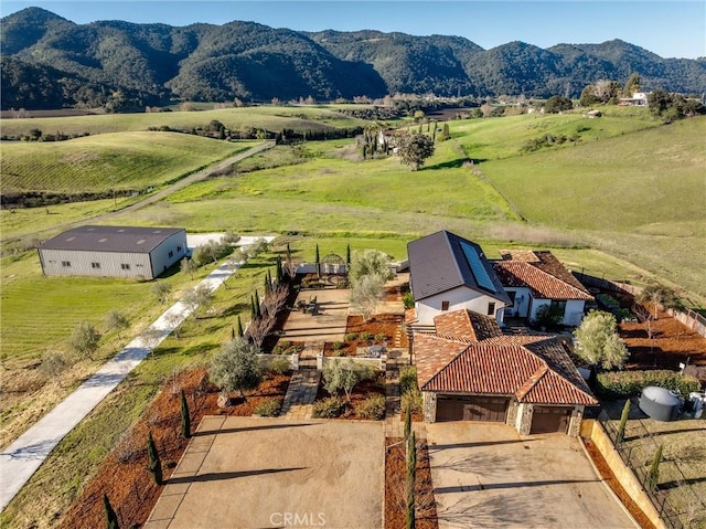 birds eye view of property with a rural view and a mountain view