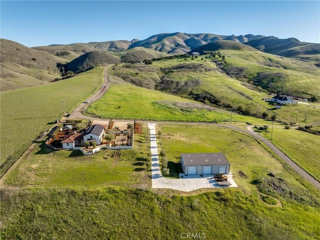 drone / aerial view featuring a mountain view and a rural view