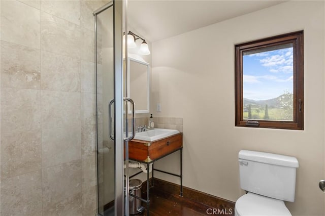 full bathroom featuring toilet, wood finished floors, a stall shower, and a sink