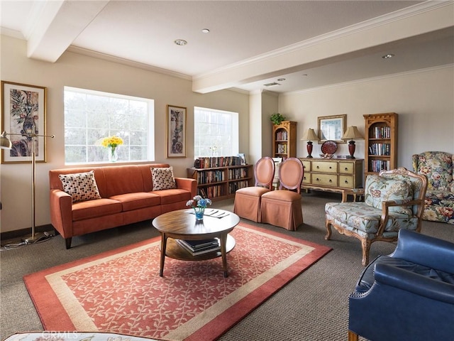 21345 Hawthorne Blvd Unit 415, Torrance, CA 90503 - living room featuring beamed ceiling, carpet, and ornamental molding