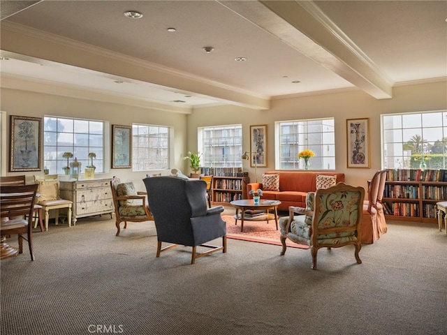 21345 Hawthorne Blvd Unit 415, Torrance, CA 90503 - living room featuring beam ceiling, plenty of natural light, carpet, and ornamental molding