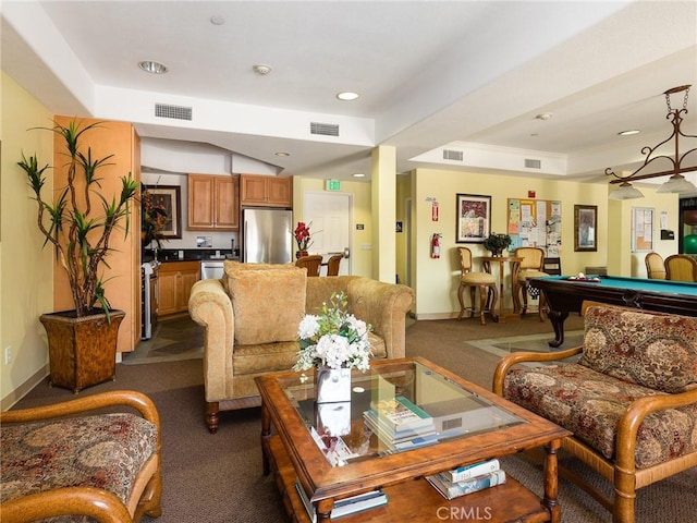21345 Hawthorne Blvd Unit 415, Torrance, CA 90503 - living room featuring dark colored carpet, visible vents, and pool table